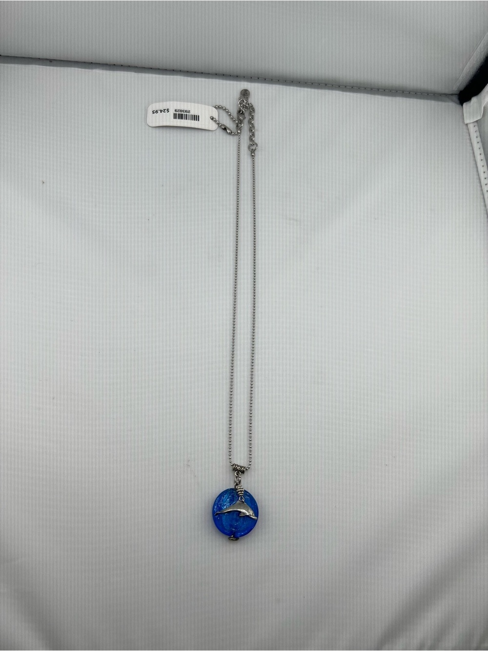Silver Tone Dolphin Blue Foil Art Glass Bead Pendant Necklace NWT